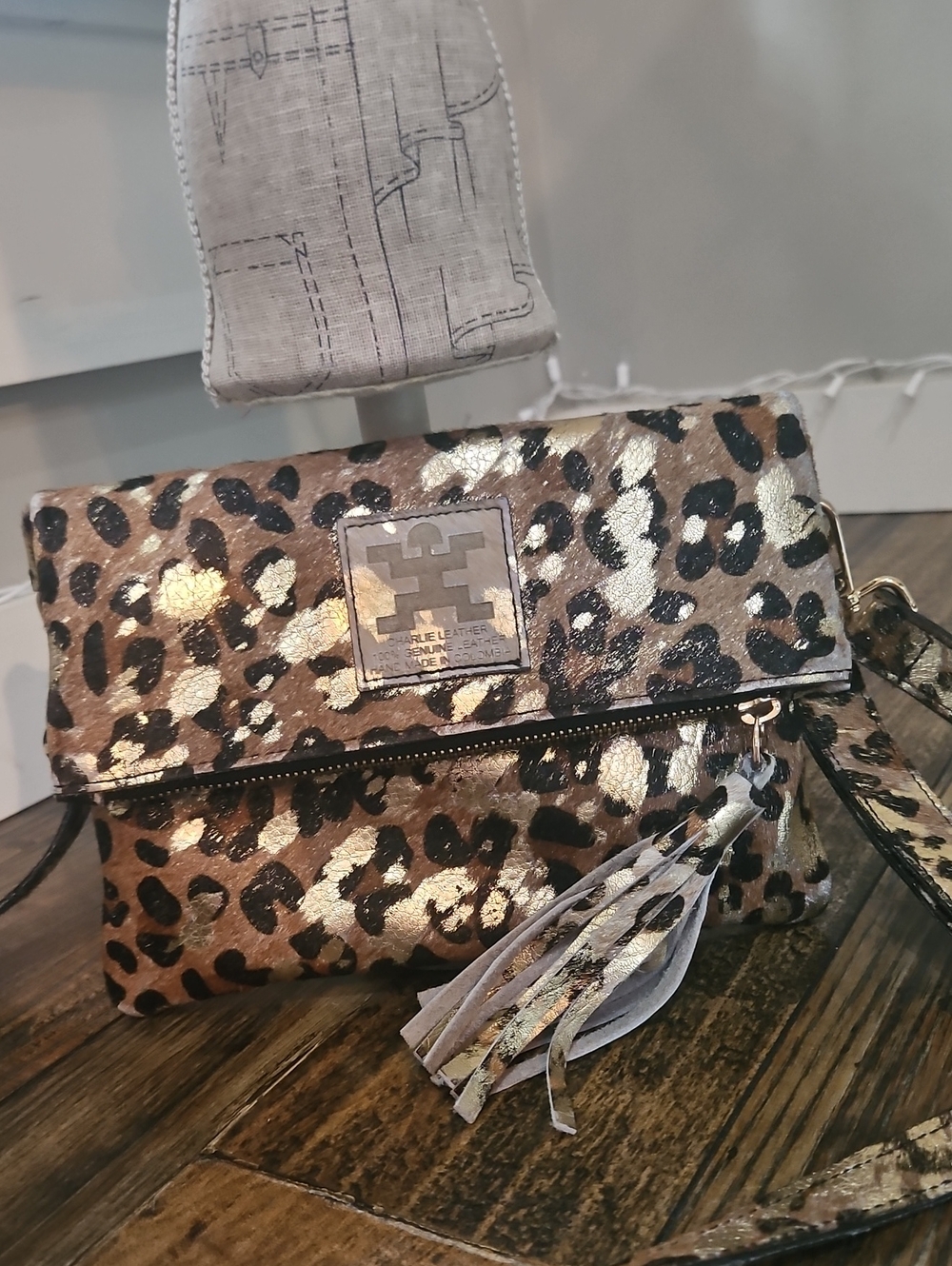 Charlie Leather Luxury Calf Hair Leather Leopard Print Wristlet Or Crossbody Bag